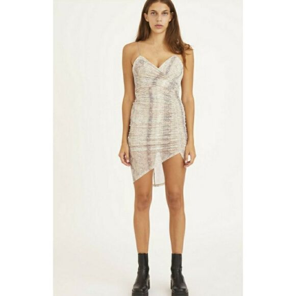 NWT Urban Outfitters Dress Forum Side Ruched Mini Dress In Grey Snake Print - Picture 1 of 9